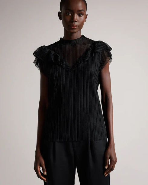 KAELLY-Tops-Pleated Mesh Top With Frill- Ted Baker Romania